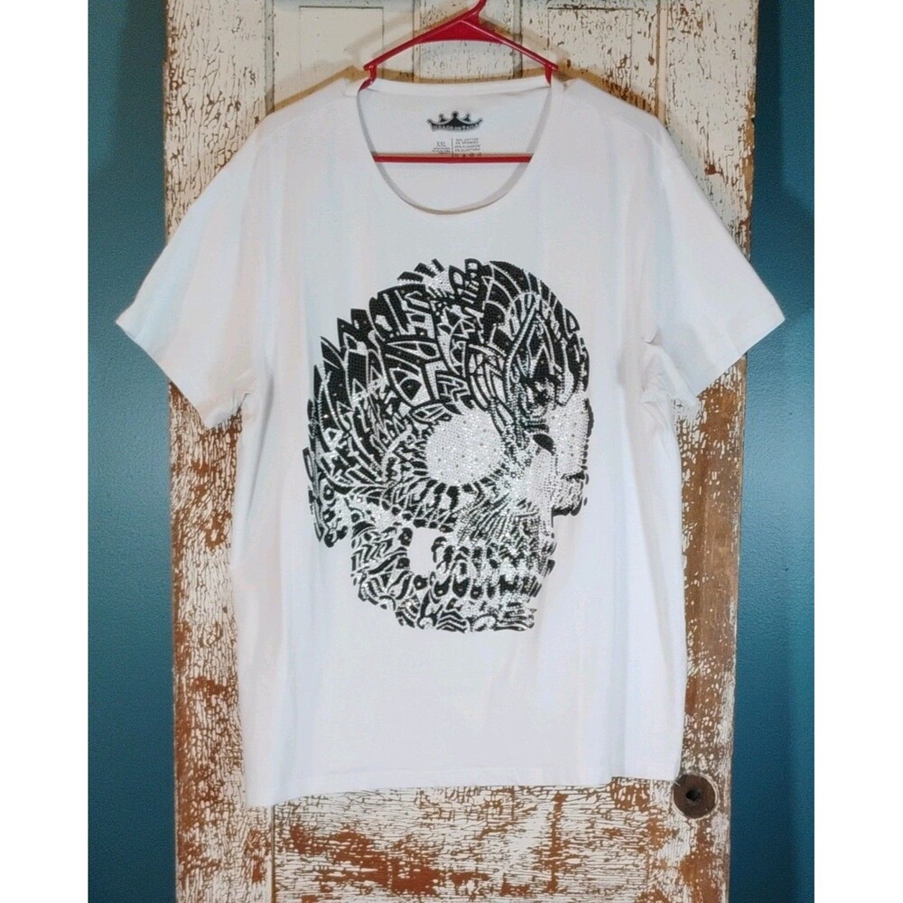 Heads or Tails Mens White Graphic Print Skull Rhinestone Crew Neck T-Shirt XXL